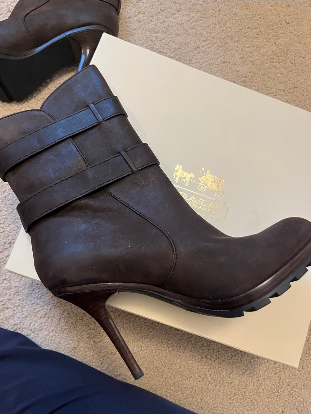 New in Box Coach Thelma Brown Leather High-Heel Ankle Boots with Buckle Straps - Picture 7 of 10
